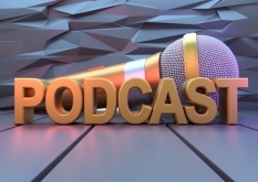 Image of microphone and text that reads Podcast